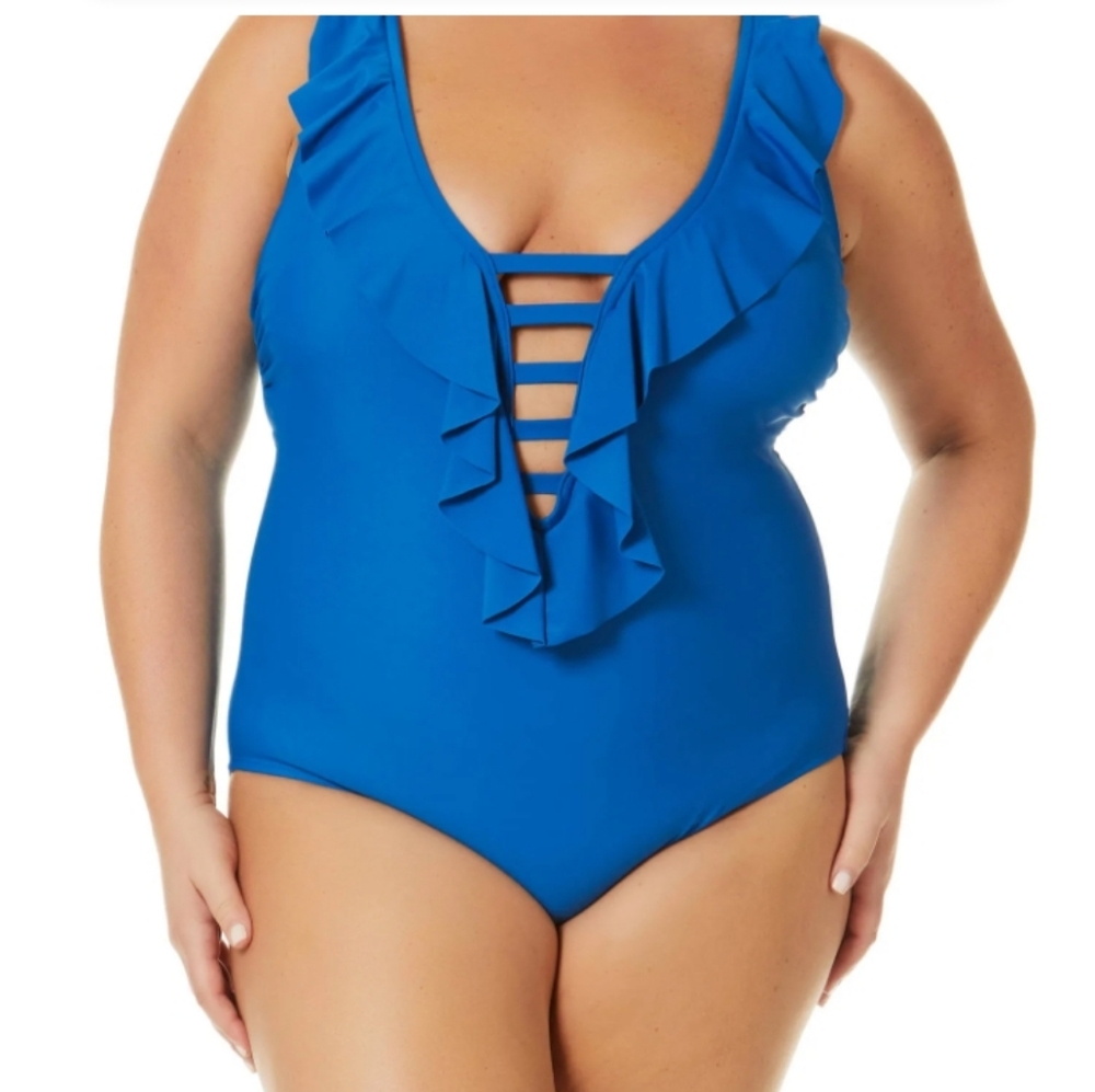 TERRA SKY BLUE RUFFLED ONE PIECE SWIMSUIT, SIZE 3X(24W-26W)